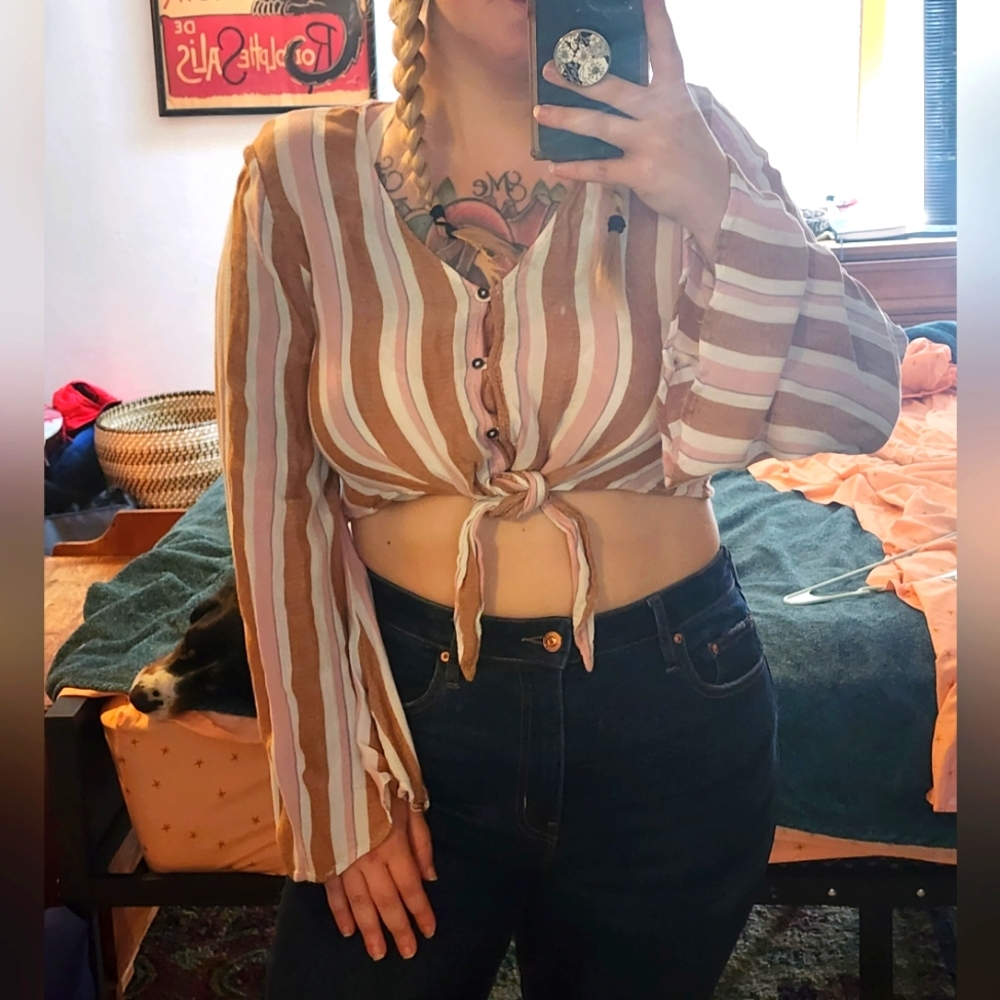 Brown And Pink Striped Bell Sleeve Tie Front Vintage Inspired Crop Top
